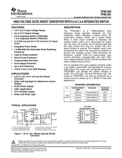 TEXAS INSTRUMENTS TPS61080 TPS61081 SLVS644B FEBRUARY 2006 REVISED JANUARY 2007 HIGH VOLTAGE DC/DC BOOST CONVERTER WITH 0.5-A/1.3-A INTEGRATED SWITCH handbook - cover page