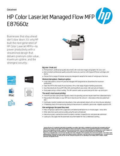 HP Color LaserJet Managed Flow MFP E87660z Datasheet