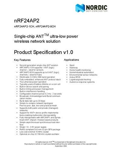 NORDIC nRF24AP2 nRF24AP2-1CH nRF24AP2-8CH Single-chip ANT TM ultra-low power wireless network solution Product Specification v1.0 Manual