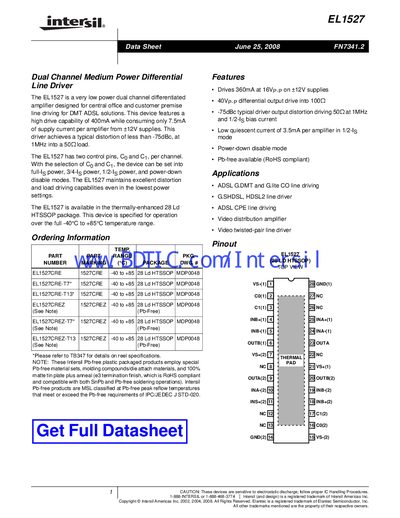 Intersil EL1527 Dual Channel Medium Power Differential Line Driver Data Sheet - cover page