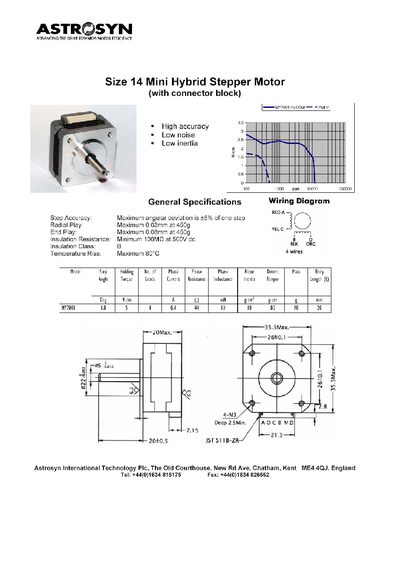 Astrosyn MY7001 Size 14 Mini Hybrid Stepper Motor Product Leaflet - cover page