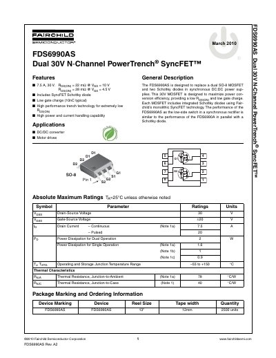 Fairchild FDS6990AS Dual 30V N-Channel PowerTrench SyncFET Datasheet - cover page
