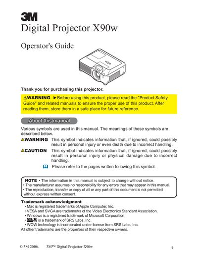 3M Digital Projector X90w Operator's Guide