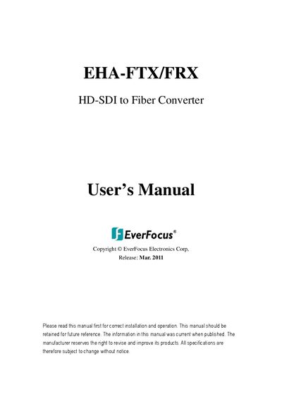 EverFocus EHA-FTX/FRX HD-SDI to Fiber Converter User's Manual - cover page