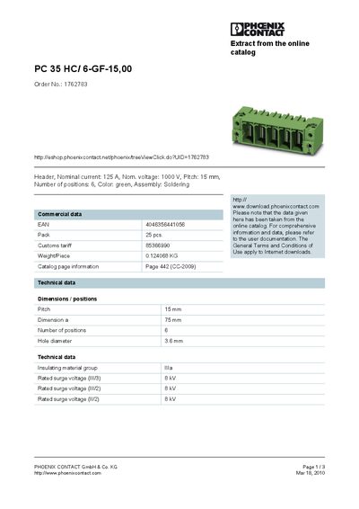 PHOENIX CONTACT PC 35 HC/ 6-GF-15 00 Order No.: 1762783 handbook - cover page