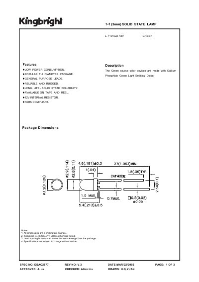 KINGBRIGHT T-1 (3mm) SOLID STATE LAMP L-7104GD-12V Manual - cover page
