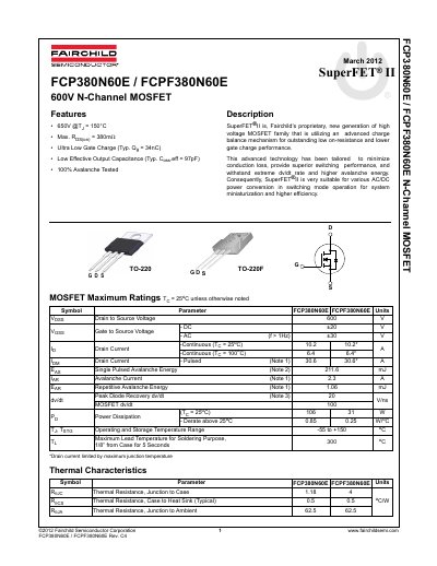 Fairchild Semiconductor FCP380N60E/FCPF380N60E 600V N-Channel MOSFET Datasheet