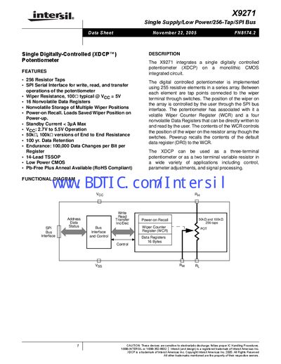 Intersil X9271 Digital Potentiometer Datasheet - cover page