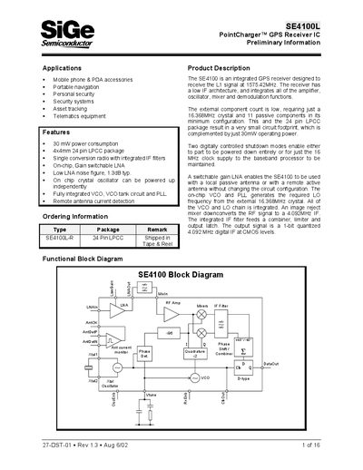 SiGe SE4100L GPS Receiver IC Datasheet - cover page