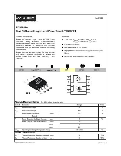 Fairchild FDS6961A Dual N-Channel Logic Level PowerTrench MOSFET Datasheet - cover page