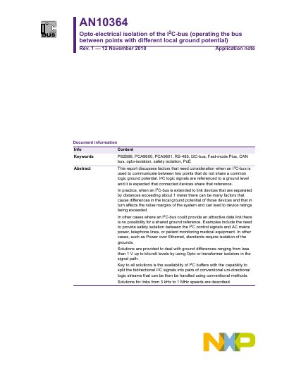 NXP AN10364 Opto-electrical isolation of the I 2 C-bus (operating the bus between points with different local ground potential) Manual - cover page