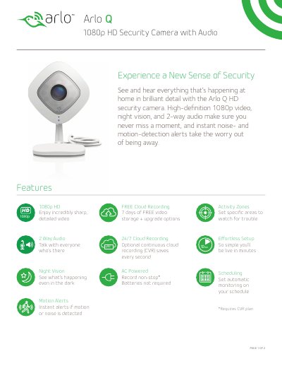 Arlo VMC3040 Q 1080p HD Security Camera with Audio Product Leaflet - cover page