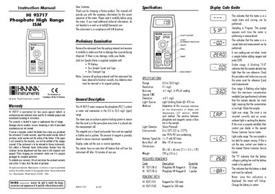 Hanna Instruments HI 93717 Phosphate High Range ISM Instruction Manual - cover page