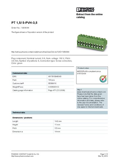 Phoenix Contact PT 1,5/5-PVH-3,5 Product Handbook - cover page