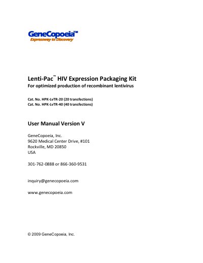 GeneCopoeia HPK-LvTR-20/40 Lenti-Pac HIV Expression Packaging Kit User Manual - cover page