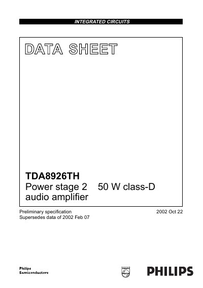 Philips TDA8926TH Audio Power Amplifier Data Sheet - cover page