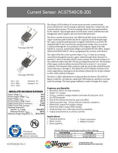 Allegro ACS754SCB-200 Current Sensor Datasheet - cover page