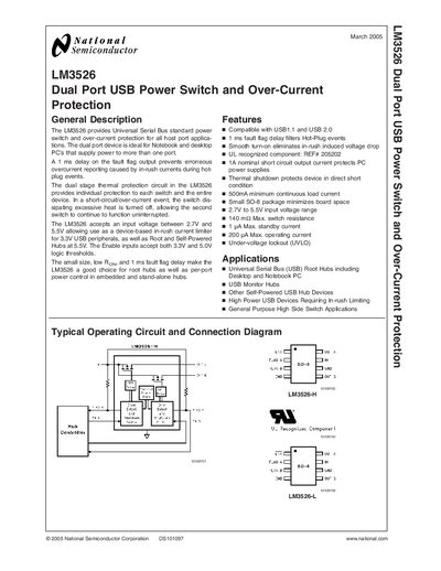 National Semiconductor LM3526 Dual Port USB Power Switch and Over-Current Protection Datasheet - cover page