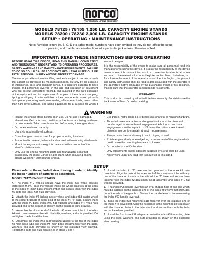 Norco Engine Stands 78125/78155/78200/78230 User Manual - cover page