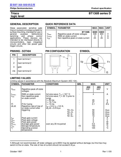 Philips BT136B Series D Logic Level Triac Datasheet - cover page