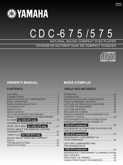 Yamaha CDC-675/575 Natural Sound Compact Disc Player Owner's Manual