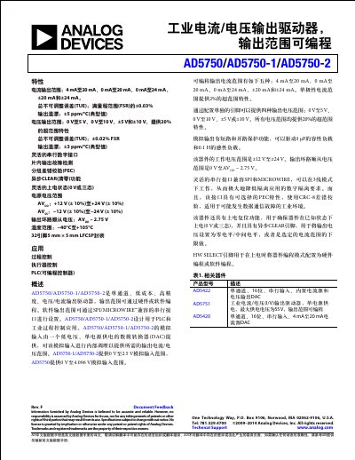 Analog Devices AD5750/AD5750-1/AD5750-2 Industrial I/V Output Driver Datasheet