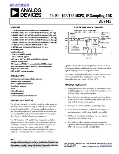 ANALOG DEVICES AD9445 14-Bit 105/125 MSPS IF Sampling ADChandbook - cover page