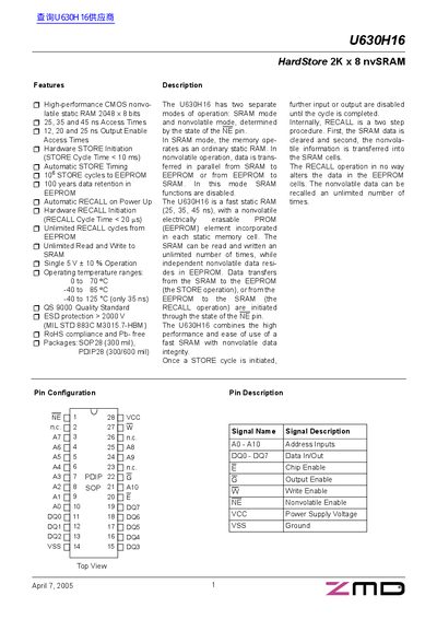 ZMD U630H16 HardStore 2K x 8 nvSRAM Datasheet - cover page