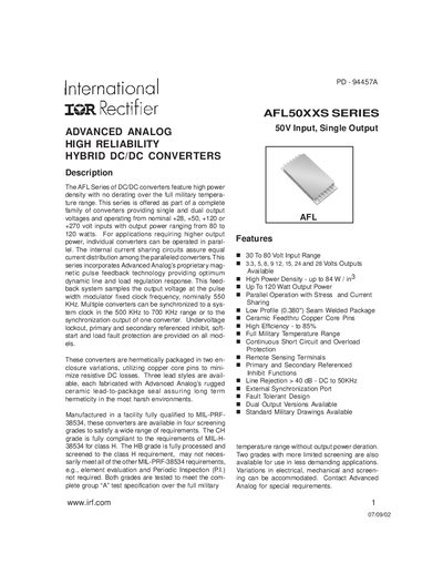 International Rectifier AFL50XXS Series Advanced Analog High Reliability Hybrid DC/DC Converter Datasheet - cover page