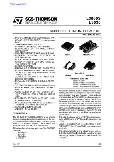 STMicroelectronics L3000S/L3030 Subscriber Line Interface Kit Preliminary Data Sheet - cover page