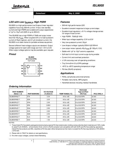 Intersil ISL9005 LDO Regulator Datasheet