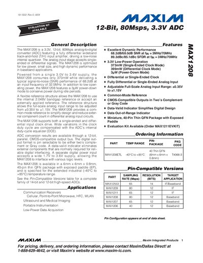 Maxim MAX1208 12-Bit 80Msps 3.3V ADC Datasheet - cover page