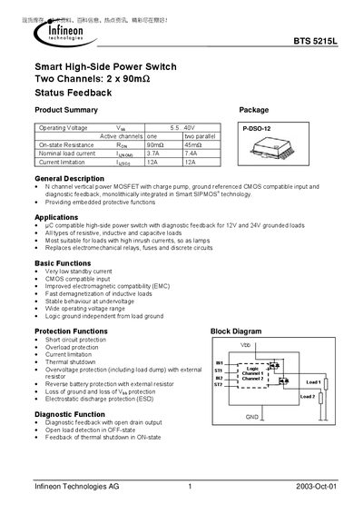 Infineon BTS5215L Smart High-Side Power Switch Two Channels 2 x 90mΩ Status Feedback Manual - cover page