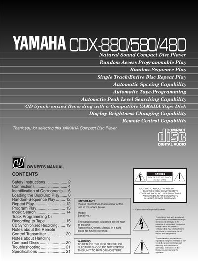Yamaha CDX-880/580/480 Compact Disc Player Owner's Manual