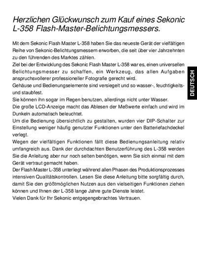 Sekonic L-358 Flash Master Exposure Meter User Manual - cover page