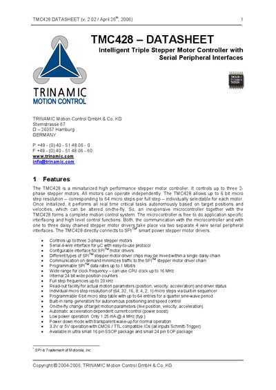 Trinamic TMC428 Intelligent Triple Stepper Motor Controller Datasheet - cover page
