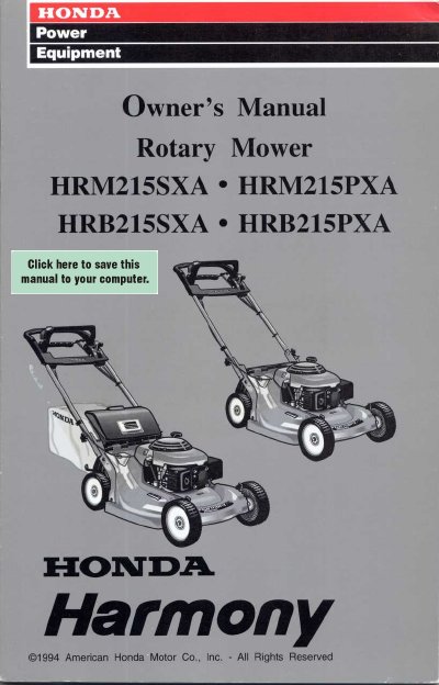 Honda HRM215SXA/HRM215PXA/HRB215SXA/HRB215PXA Rotary Mower Owner's Manual - cover page