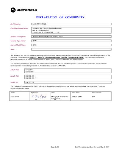 MOTOROLA LV/017/09/H17/D Data Sheet - cover page