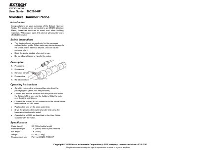Extech MO290-HP Moisture Hammer Probe User Guide - cover page