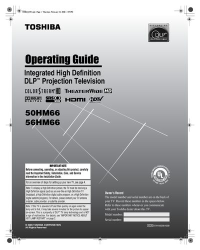 Toshiba 50HM66/56HM66 Operating Guide - cover page