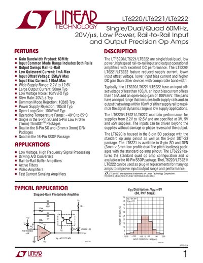 Linear Technology LT6220/LT6221/LT6222 Single/Dual/Quad Precision Op Amp Datasheet - cover page