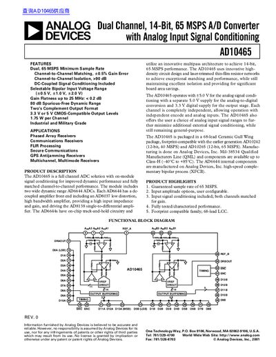 ANALOG DEVICES AD10465 Dual Channel 14-Bit 65 MSPS A/D Converter with Analog Input Signal Conditioning handbook - cover page