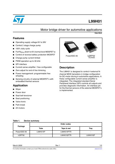 STMicroelectronics L99H01 Motor Bridge Driver Datasheet - cover page