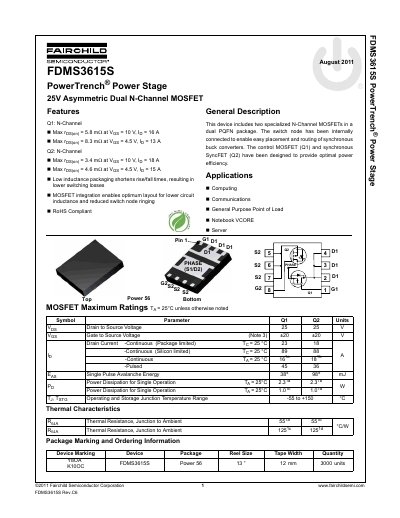 Fairchild FDMS3615S PowerTrench Power Stage Datasheet - cover page