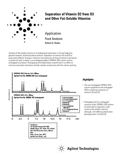 Agilent Separation of Vitamin D2 from D3 other Fat-Soluble Vitamins Manual - cover page