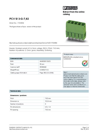 Phoenix Contact PCV 5/3-G-7,62 Product Leaflet - cover page