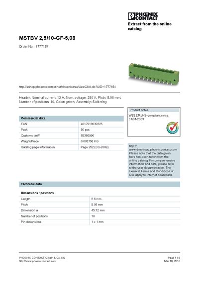 PHOENIX CONTACT MSTBV 2 5/10-GF-5 08 Order No.: 1777154 handbook - cover page