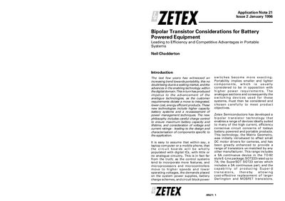Zetex AN21-1 Application Note Bipolar Transistor Considerations for Battery Powered Equipment - cover page