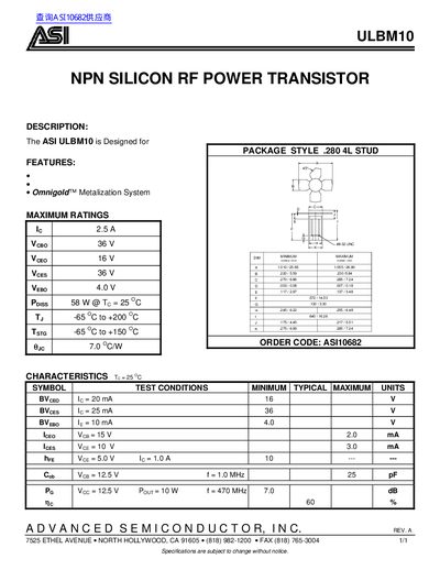ASI ULBM10 NPN Silicon RF Power Transistor Datasheet - cover page