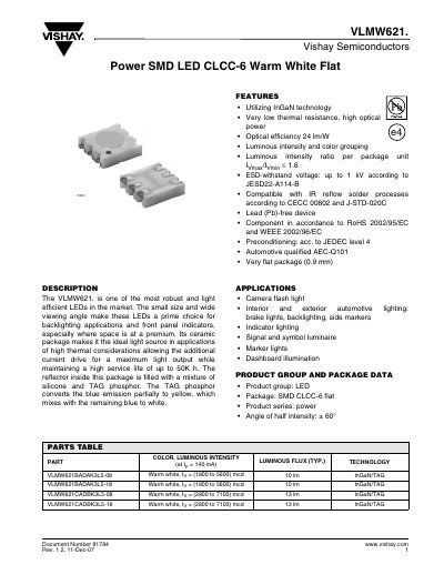 Vishay VLMW621 Power SMD LED CLCC-6 Warm White Flat Datasheet - cover page